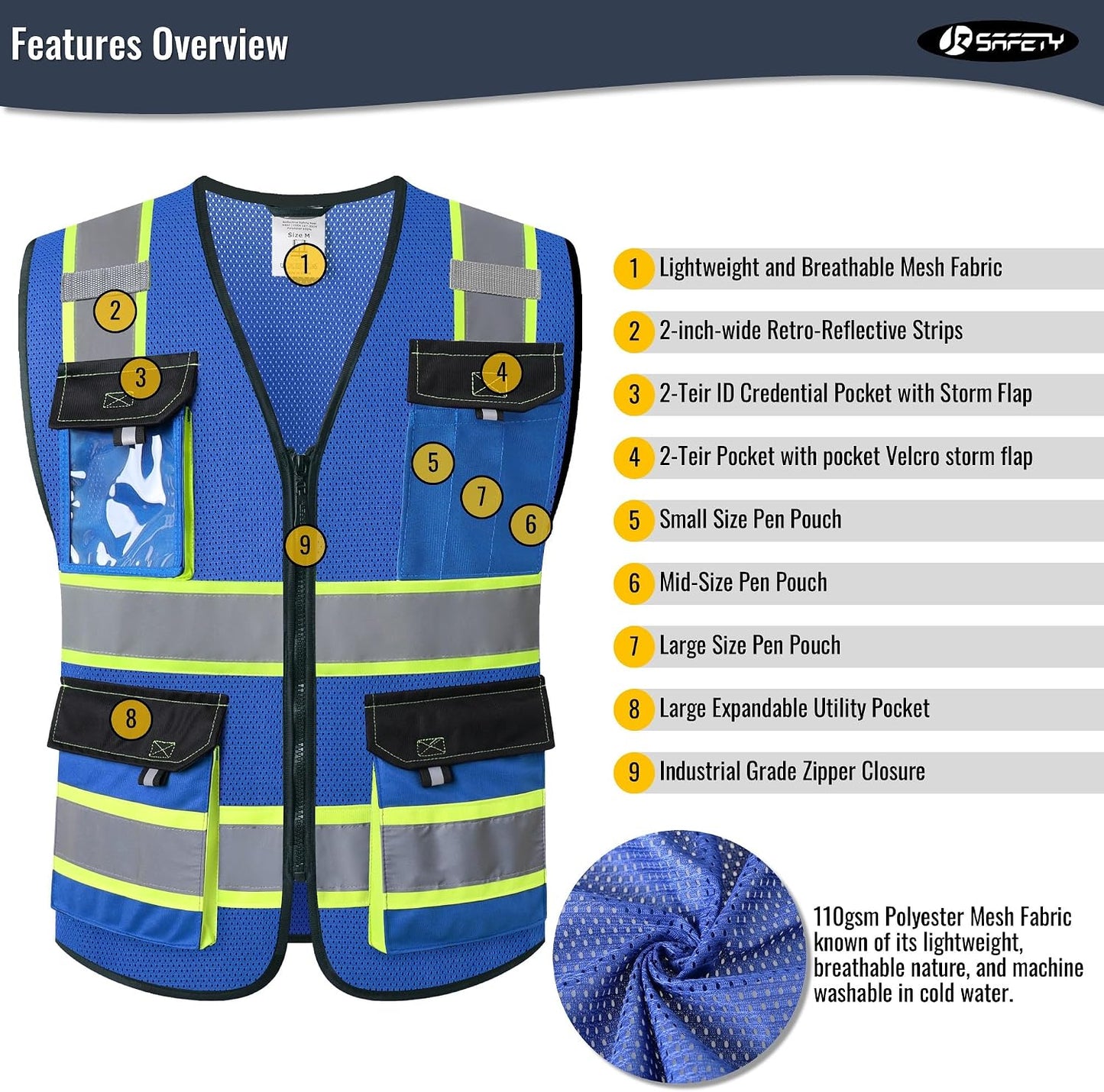 JKSafety Hi Vis Reflective Safety Vests for Men Women High Visibility Vest with Pockets Mesh Fabric Construction Safety Apparel Neon Vest for Work (220-Yellow L)