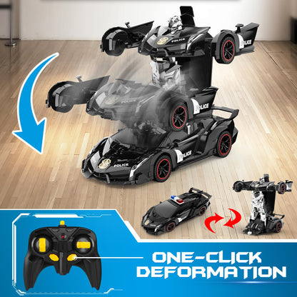 FDJ Remote Control Car - Transform Toys Car Robot, One Button Deformation to Robot with Flashing Light, 2.4Ghz 1:18 Scale Transforming Police Car Kids Toys with 360 Degree Rotating, Girls Boys Toys