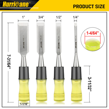 HURRICANE 4 Piece Wood Chisel Set for Woodworking. CR-V Steel Beveled Edge Blades with Safety Caps. Durable PVC High Impact Handle, for Precision Carving & DIY Projects (1/4", 1/2", 3/4", 1")