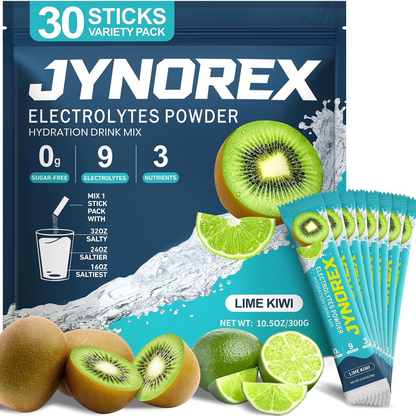 Electrolytes Powder Packets Sugar Free, 30 Sticks High Sodium Hydration Packets, Electrolyte Drink Mix with Lemon Lime Watermelon Peach Berry Kiwi Tropical Punch Lychee Cranberry, 10.5OZ
