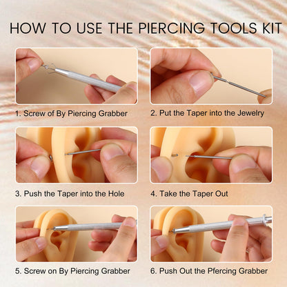 GEMQUEEN Piercing Taper Ball Grabber Tool for Changing Jewelry - 14G 16G 18G 20G Stainless Steel Flat Back Earrings Applicator Tool Threadless Insertion Pin Thread Body Piercing Kit for Ear Nose Lip