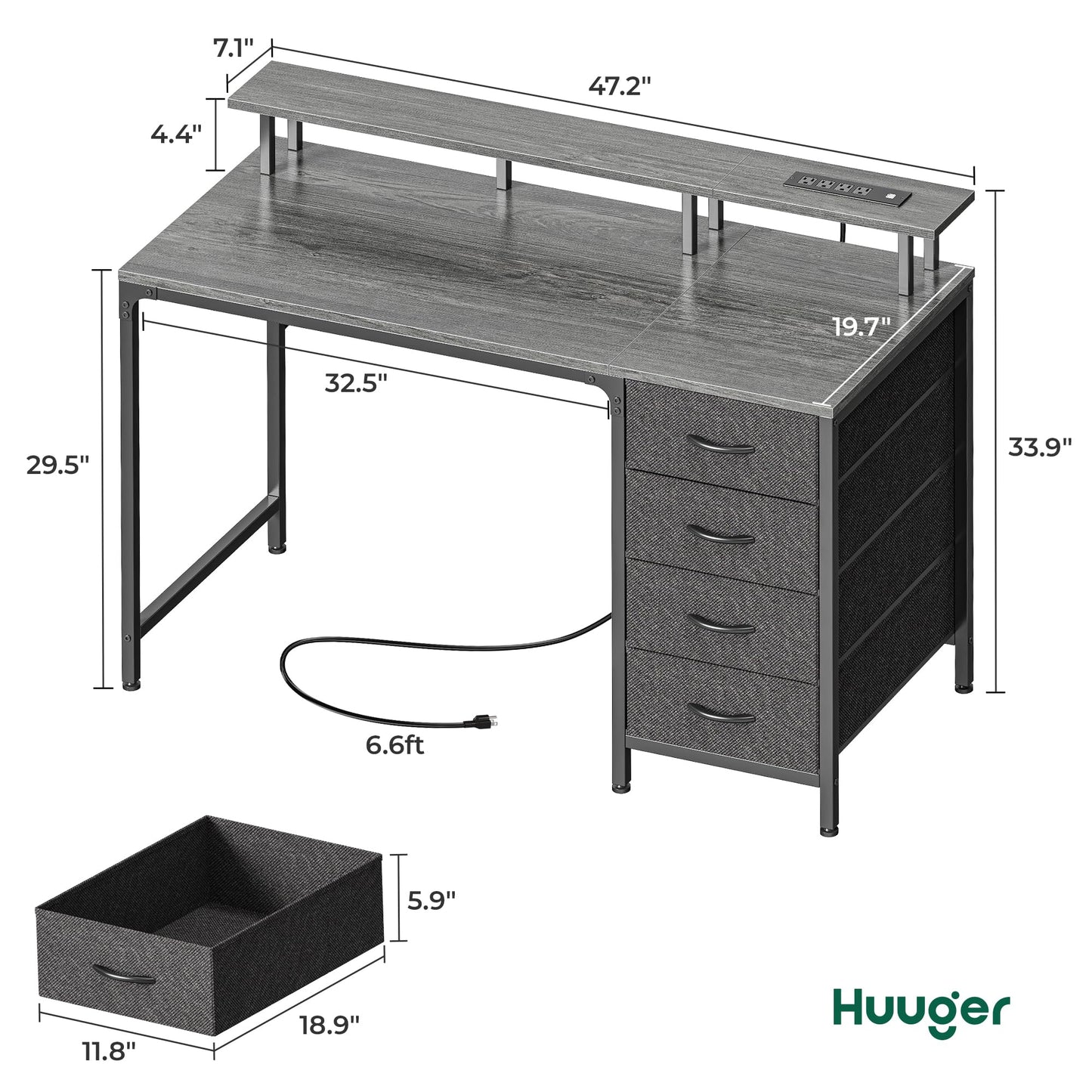 Huuger 47 Inch Computer Desk with Power Outlets and LED Lights, Gaming Desk with 4 Drawers, Office Desk with Monitor Stand, Study Work Home Office, Small Spaces, Black