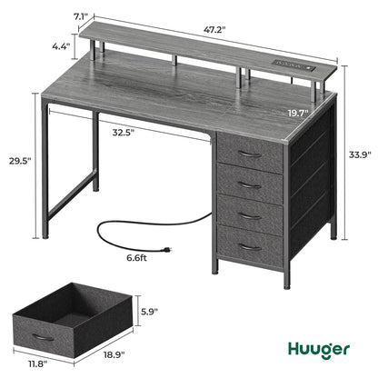 Huuger 47 Inch Computer Desk with Power Outlets and LED Lights, Gaming Desk with 4 Drawers, Office Desk with Monitor Stand, Study Work Home Office, Small Spaces, Black