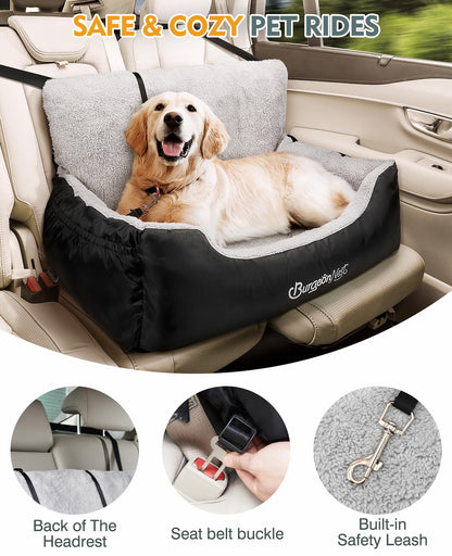 BurgeonNest Dog Car Seat for Small Dogs, Soft Pet Car Travel Home Bed Under 25 lbs, Fully Detachable and Washable Cat Booster Carseats with Storage Pockets and Clip-On Leash Portable Carrier,Black