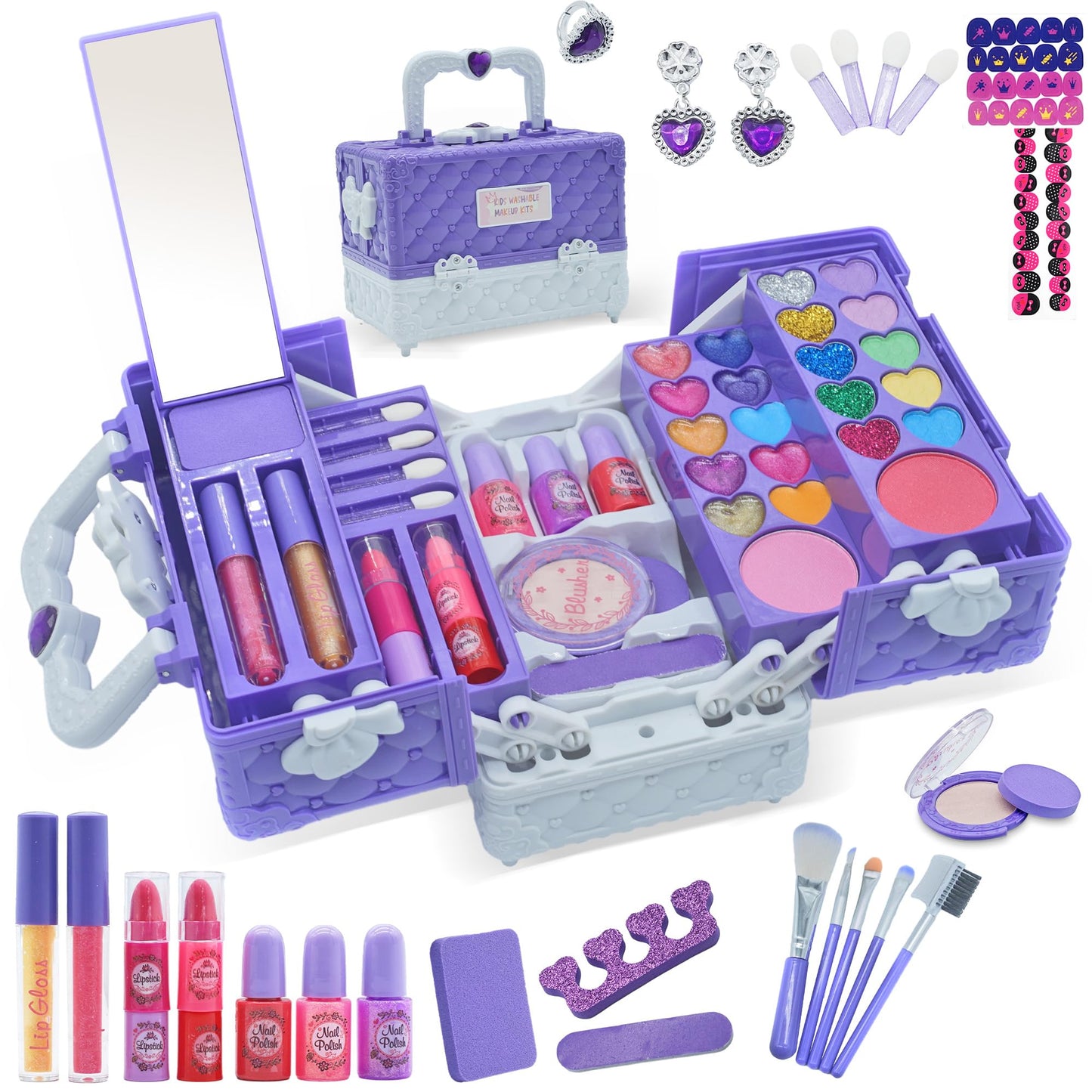 Kids Makeup Kit for Girl - 52 PCS Safe and Washable Makeup for Kids, Real Girls Makeup Kit, Toddler Makeup Kit with Cosmetic Case, Girls Toys Age 4-12, Princess Toys Birthday Gifts for Girls