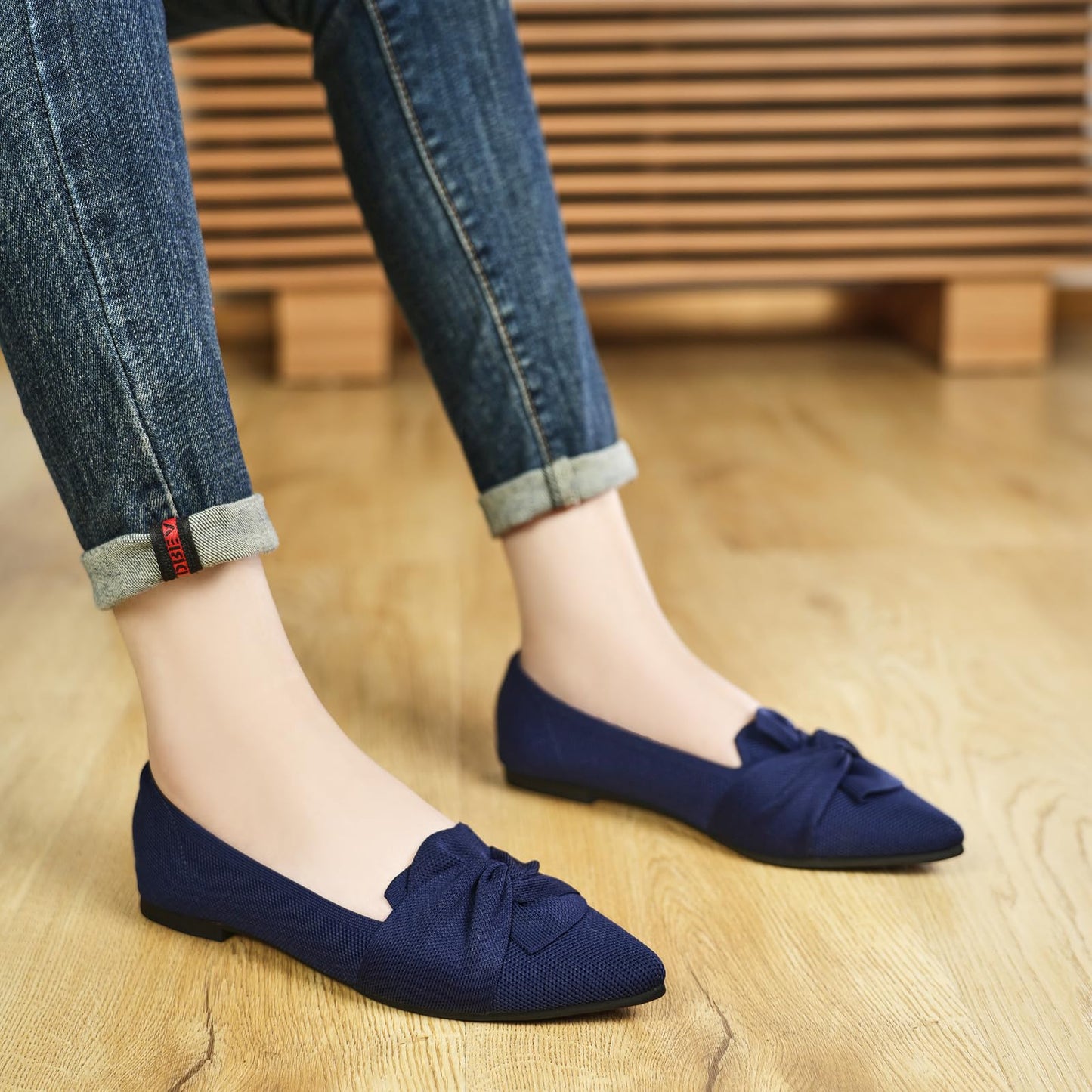 HIULYCENCE Flats for Womens Pointed Toe Ballet Flats with Bow Comfortable Knit Dressy Flats