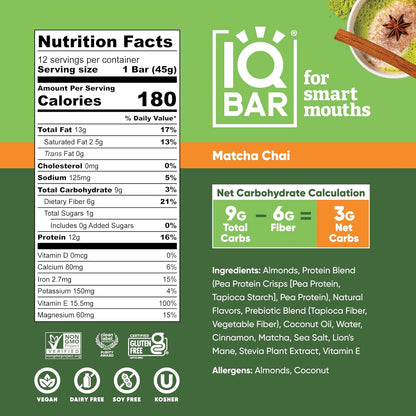 IQBAR Clean Plant Protein Bars, Almond Butter Chip 12-Count | Protein Snack | High Fiber, High Protein, Low Sugar, Clean Label Project Certified | Gluten Free, Dairy Free, Vegan, Keto, Soy Free