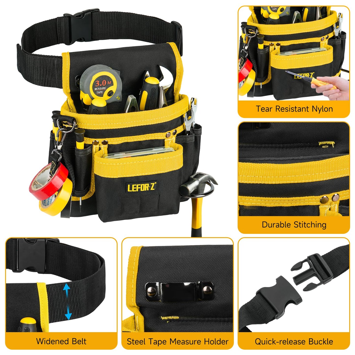 Tool Belt,Magnetic Tool Pouch,14-Pockets Tool Belts for Men,Detachable & Adjustable Tool Pouch belt for Electrician,Carpenter,Construction,Work Apron,Utility Belt,Black-Yellow
