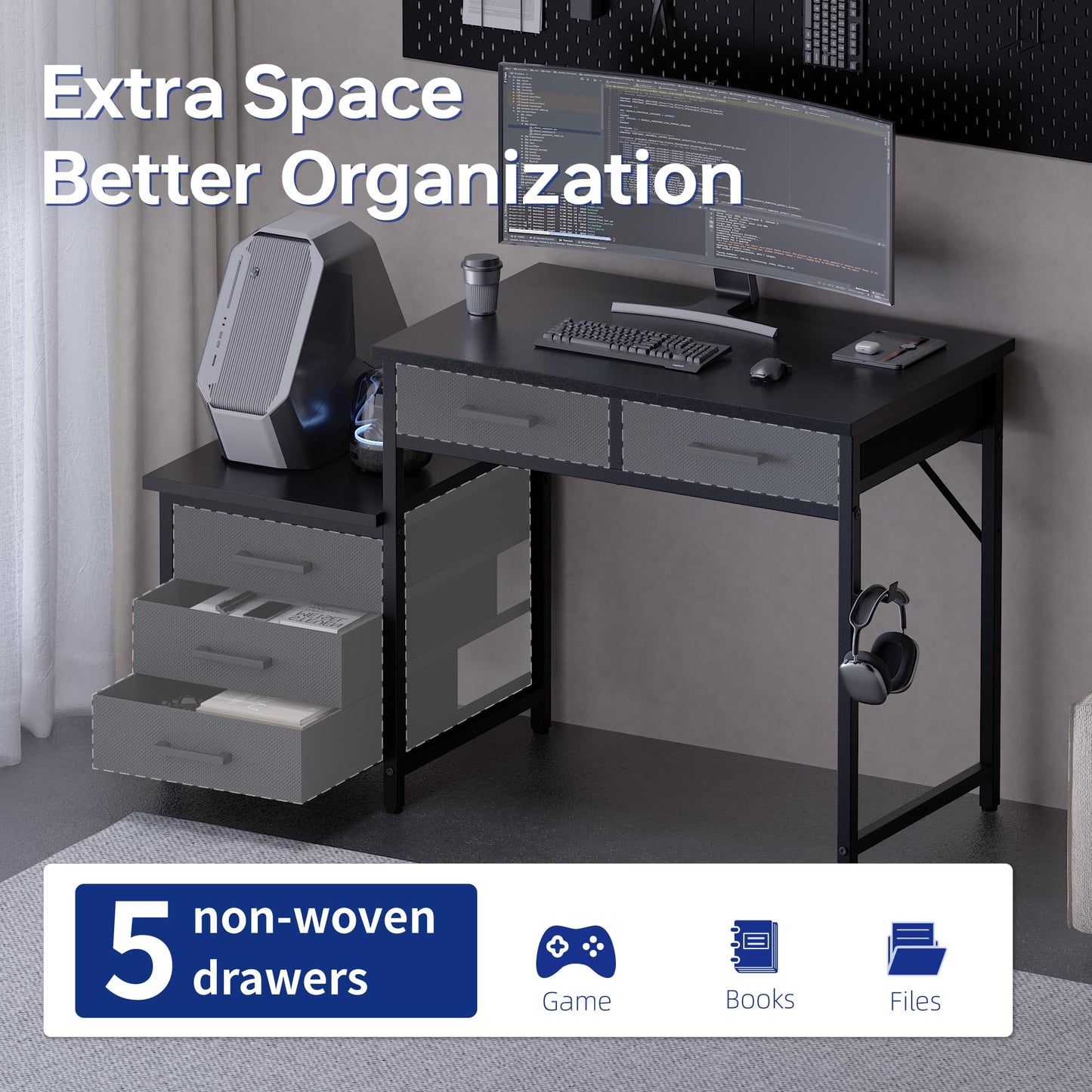 Pamray 47 inch Computer Desk with 5 Drawers and Printer Space for Office | Ample Storage, Space-saving, Easy Assembly, Sturdy, Suitable for Home Office, Study and Writing, Bedroom and Dorms