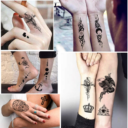 Yazhiji 36 Sheets Temporary Tattoos Stickers, 12 Sheets Fake Body Arm Chest Shoulder Tattoos for Men or Women with 24 PCS Tiny Black Tattoos