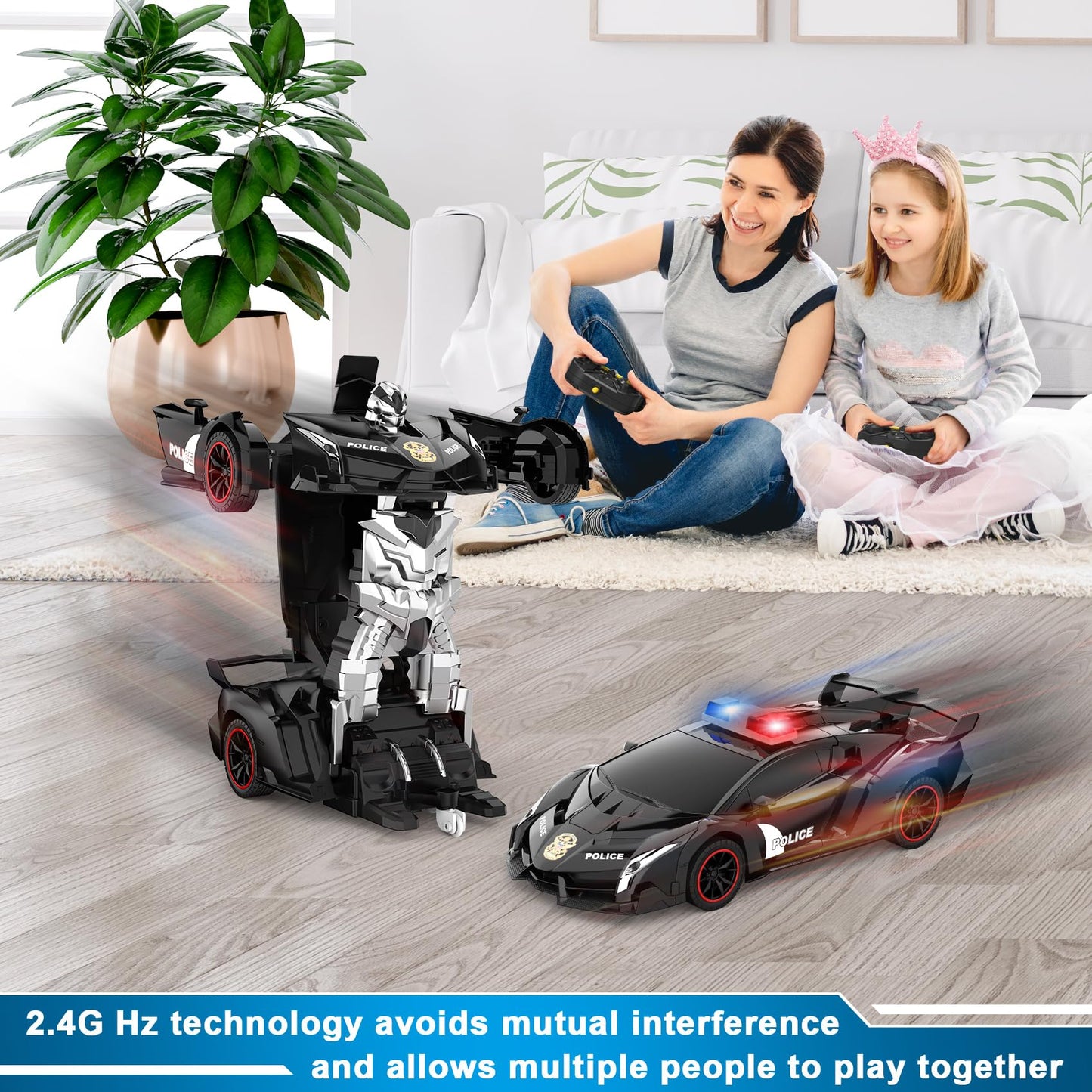 FDJ Remote Control Car - Transform Toys Car Robot, One Button Deformation to Robot with Flashing Light, 2.4Ghz 1:18 Scale Transforming Police Car Kids Toys with 360 Degree Rotating, Girls Boys Toys