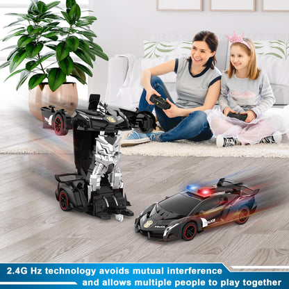 FDJ Remote Control Car - Transform Toys Car Robot, One Button Deformation to Robot with Flashing Light, 2.4Ghz 1:18 Scale Transforming Police Car Kids Toys with 360 Degree Rotating, Girls Boys Toys