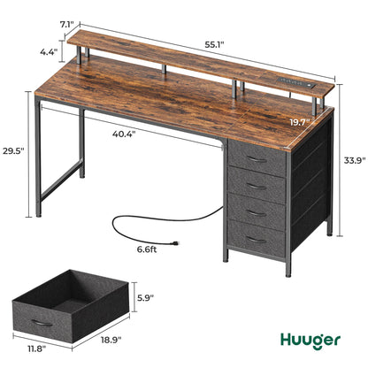 Huuger 47 Inch Computer Desk with Power Outlets and LED Lights, Gaming Desk with 4 Drawers, Office Desk with Monitor Stand, Study Work Home Office, Small Spaces, Black