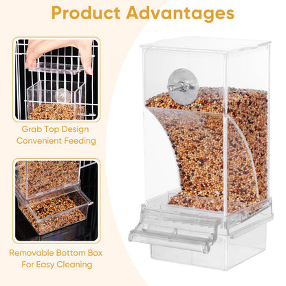 Kenond No Mess Bird Feeder Water Dispenser Set, Automatic Parrot Feeder Cage Accessories, Clear Parakeet Seed Container Food Drinker for Cage, Cockatiel Finch Lovebirds Budgies Canary (Blue)