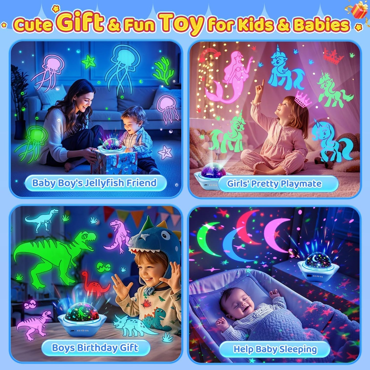 One Fire Girls Toys for Girl Gifts, 6 Films Light Projector Unicorn Toys for Girls Age 4-6, Rechargeable Night Lights for Bedroom, 360° Rotating Decor Mermaid Gifts Princess Baby Toddler Toys