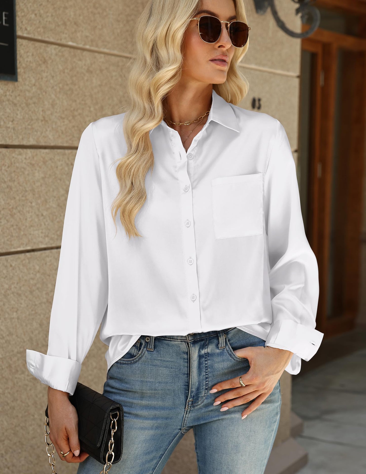 Zeagoo Womens Tops Satin Blouse Long Sleeve Shirts V Neck Dressy Casual | Button Down Business Outfits Fall Fashion With Pockets