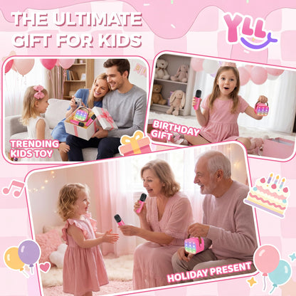 YLL Mini Karaoke Machine for Kids Adults, Portable Bluetooth Speaker with 2 Wireless Microphones, Trendy Birthday Gifts Toys for Girls Ages 3, 4, 5, 6, 7, 8, 9, 10+ Years Old Home Family Party (P-ink)