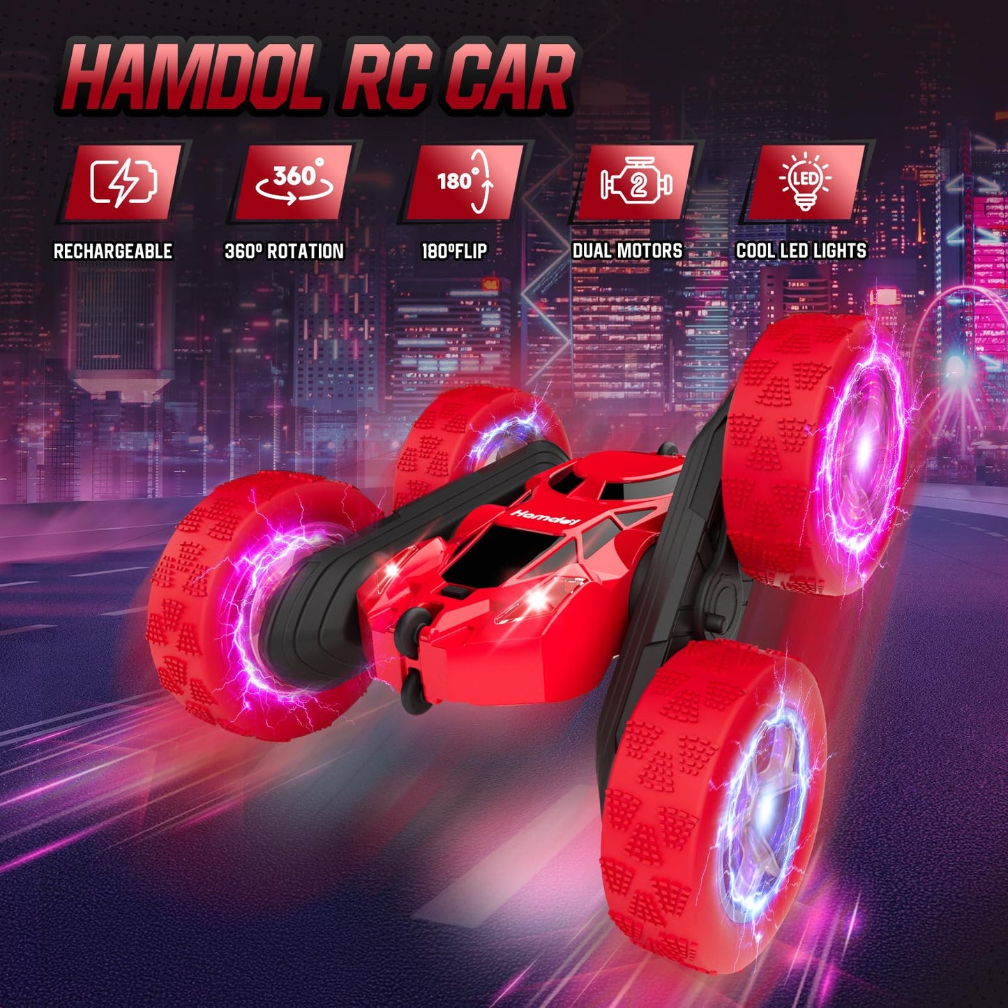 Hamdol Remote Control Car for Kids, 360° Rotating Double-Sided RC Car with LED Headlights, 4WD 2.4GHz Electric Rechargeable Toy Vehicle for Boys and Girls, Perfect Birthday