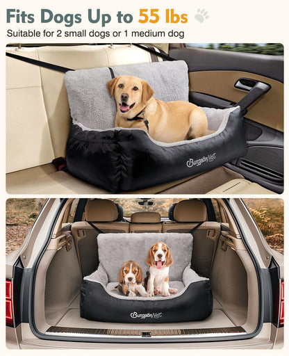 BurgeonNest Dog Car Seat for Small Dogs, Soft Pet Car Travel Home Bed Under 25 lbs, Fully Detachable and Washable Cat Booster Carseats with Storage Pockets and Clip-On Leash Portable Carrier,Black