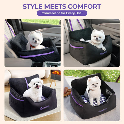 BurgeonNest Dog Car Seat for Small Dogs, Soft Pet Car Travel Home Bed Under 25 lbs, Fully Detachable and Washable Cat Booster Carseats with Storage Pockets and Clip-On Leash Portable Carrier,Black