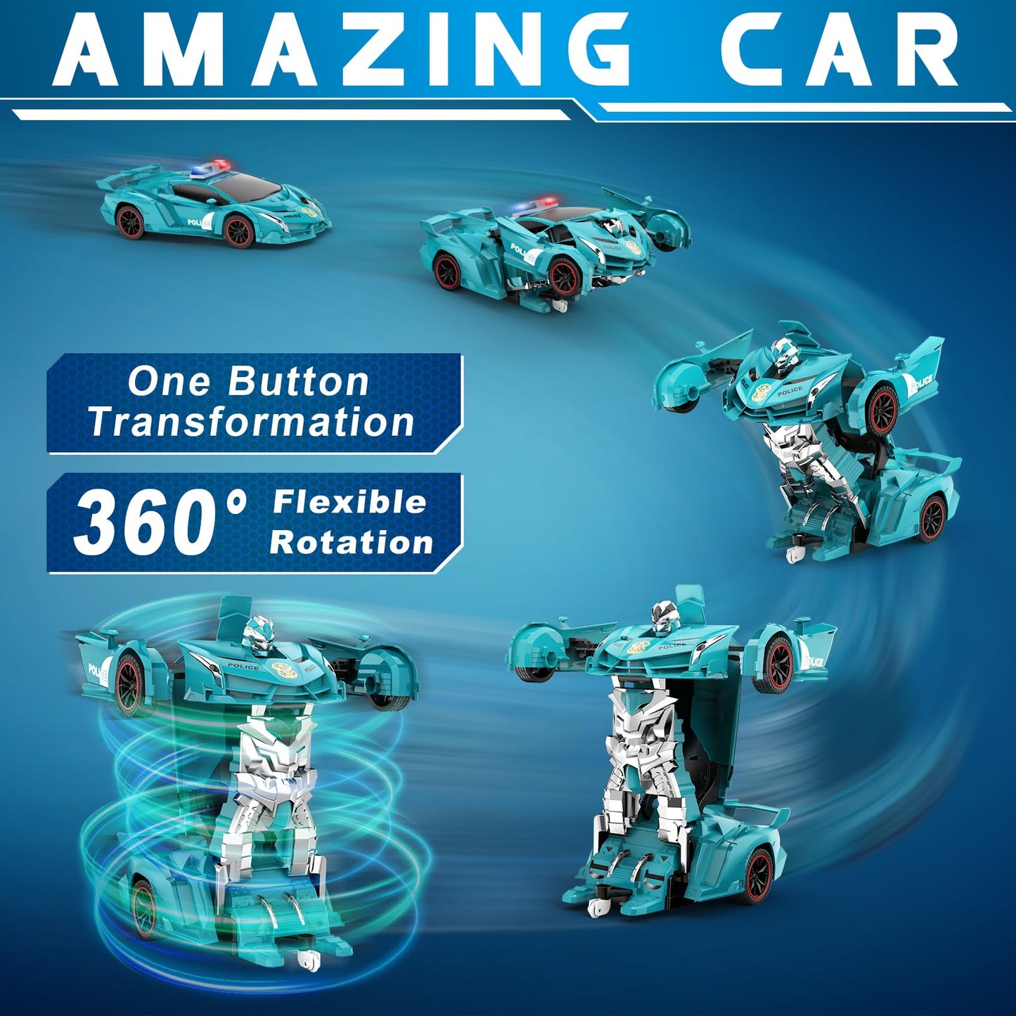FDJ Remote Control Car - Transform Toys Car Robot, One Button Deformation to Robot with Flashing Light, 2.4Ghz 1:18 Scale Transforming Police Car Kids Toys with 360 Degree Rotating, Girls Boys Toys