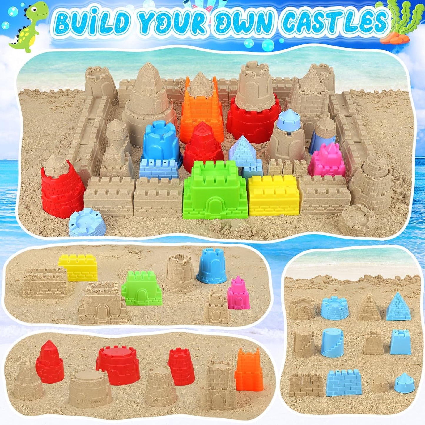RACPNEL Collapsible Beach Toys Set for Kids Toddlers, Travel Beach Sand Castle Kits with Mesh Bag & Molds, Collapsible Sand Bucket and Shovel Set, Sandbox Toys for Toddlers Kids Age 3-12
