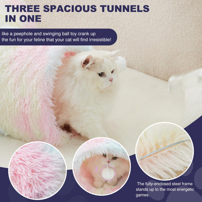 Tempcore Pet Cat Tunnel Tube Toys 3 Way Collapsible, Tunnels for Indoor Cats, Interactive Tube with Teaser Wand, Peek Holes & Hanging Ball, Black & Blue