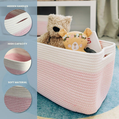 Light Honey Cotton Rope Baskets for Shelves, Set of 3 - 15"×10"×9½" - Woven Storage Baskets for Organizing - Closet, Nursery, Bedroom, Playroom - Toys, Books, Towels, Clothes