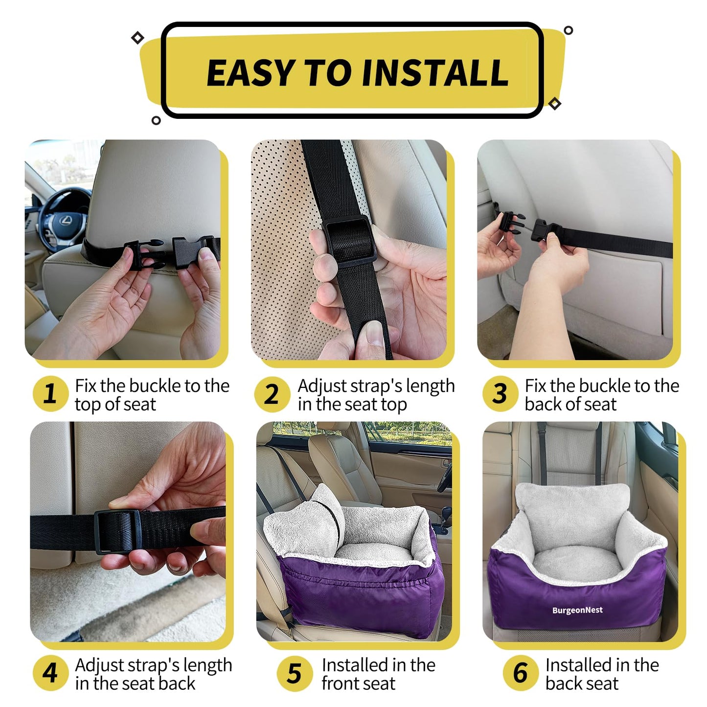 BurgeonNest Dog Car Seat for Small Dogs, Soft Pet Car Travel Home Bed Under 25 lbs, Fully Detachable and Washable Cat Booster Carseats with Storage Pockets and Clip-On Leash Portable Carrier,Black