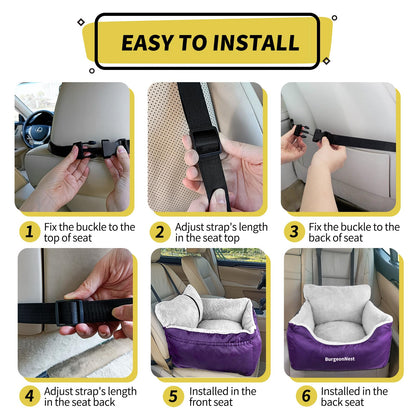 BurgeonNest Dog Car Seat for Small Dogs, Soft Pet Car Travel Home Bed Under 25 lbs, Fully Detachable and Washable Cat Booster Carseats with Storage Pockets and Clip-On Leash Portable Carrier,Black