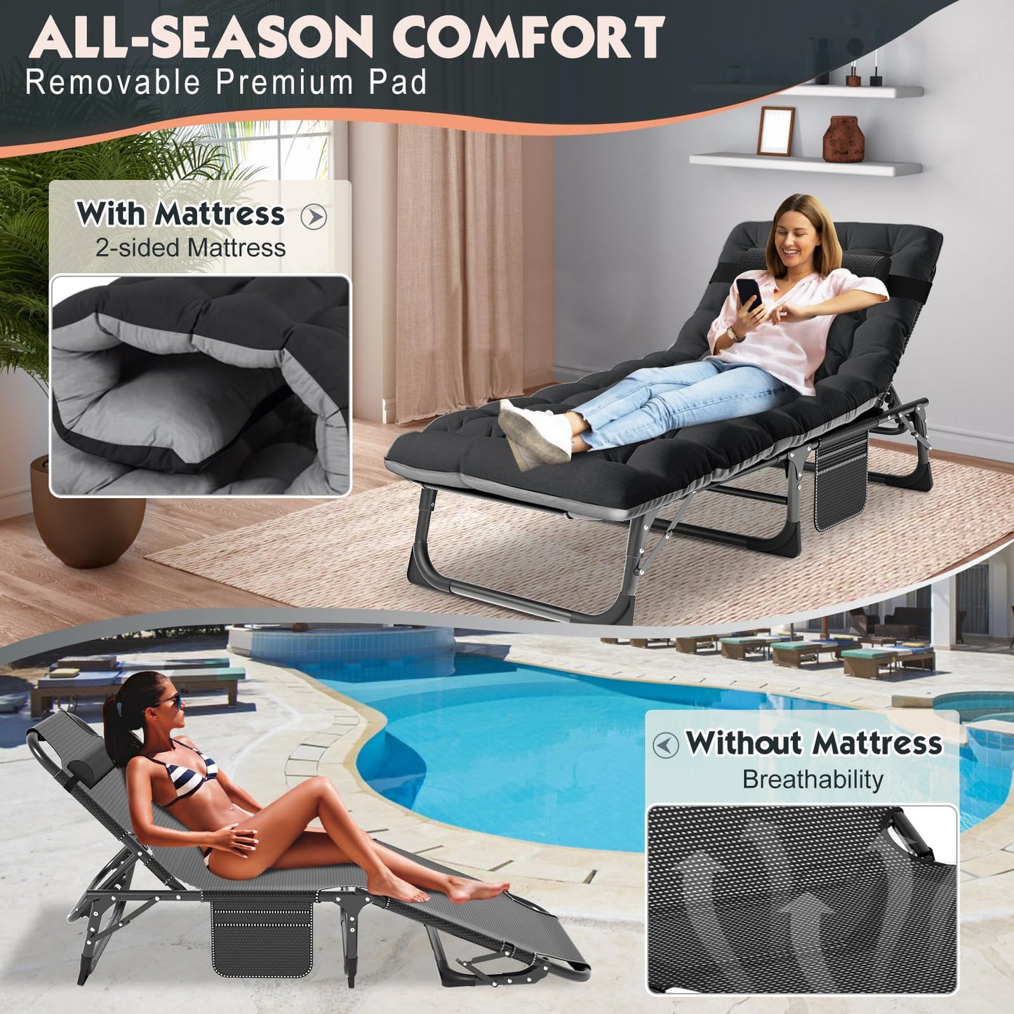 MOPHOTO Folding Lounge Chair 5-Position, Folding Cot, Portable Outdoor Chaise Lounge Chair for Sun Tanning, Perfect for Pool Beach Patio Sunbathing