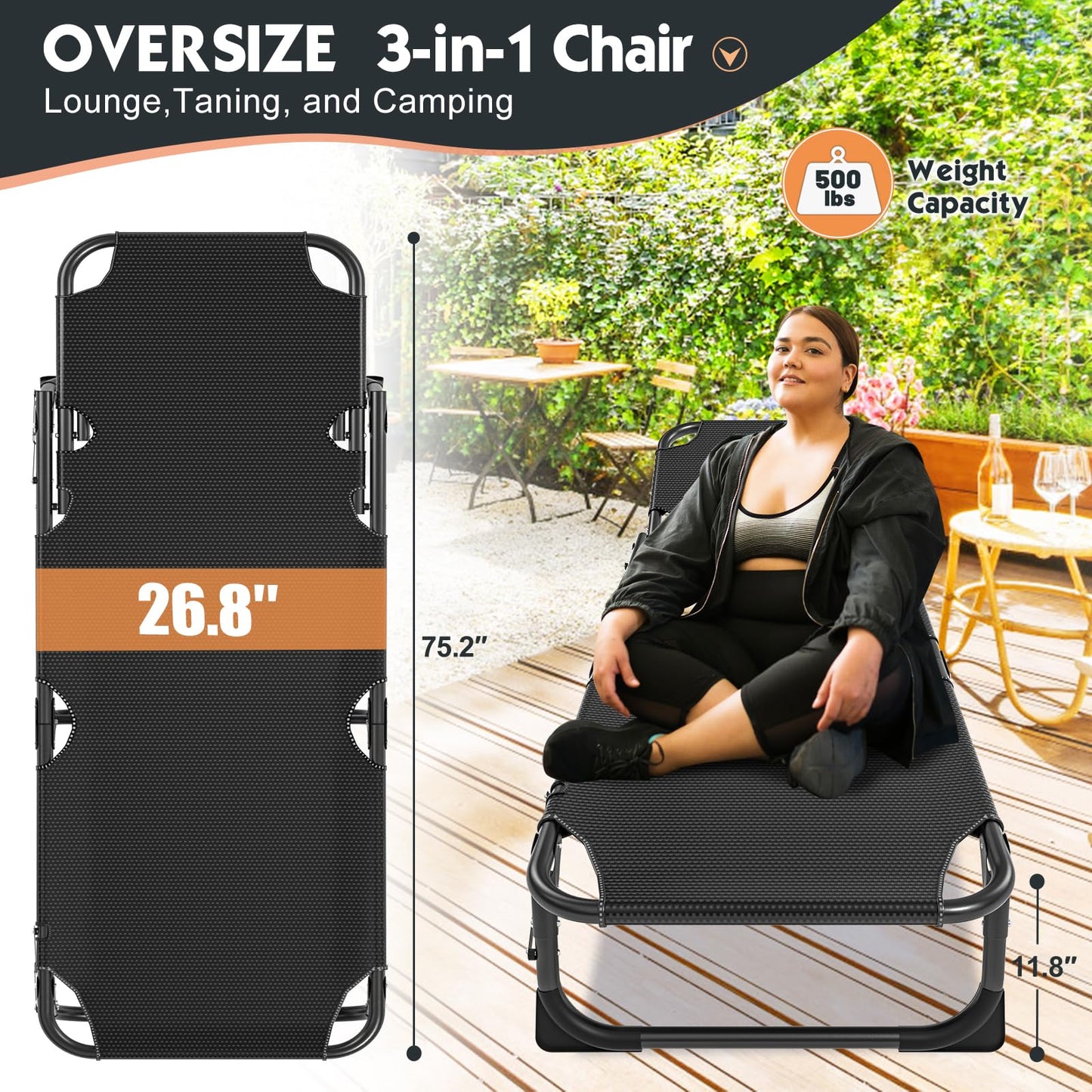 MOPHOTO Folding Lounge Chair 5-Position, Folding Cot, Portable Outdoor Chaise Lounge Chair for Sun Tanning, Perfect for Pool Beach Patio Sunbathing