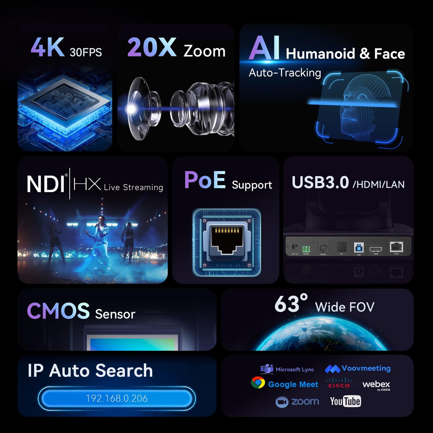 Tenveo 4K NDI PTZ Camera AI Humanoid & Face Auto-Tracking, HDMI/LAN/USB3.0 PoE PTZ Camera 20X Optical Zoom IP Live Streaming, for Church Services Worship Video Conference Live Streaming YouTube OBS
