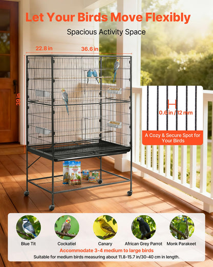 VEVOR Bird Cage, 24.6 x 16.7 x 53.9 inch, Flat Top, Wrought Iron Bird Flight Cage with Perches, Slide-Out Tray and Plastic Feeders, Casters, for Parrot, Blue Tit, Cockatiel, Canary, Budgerigar, Conure