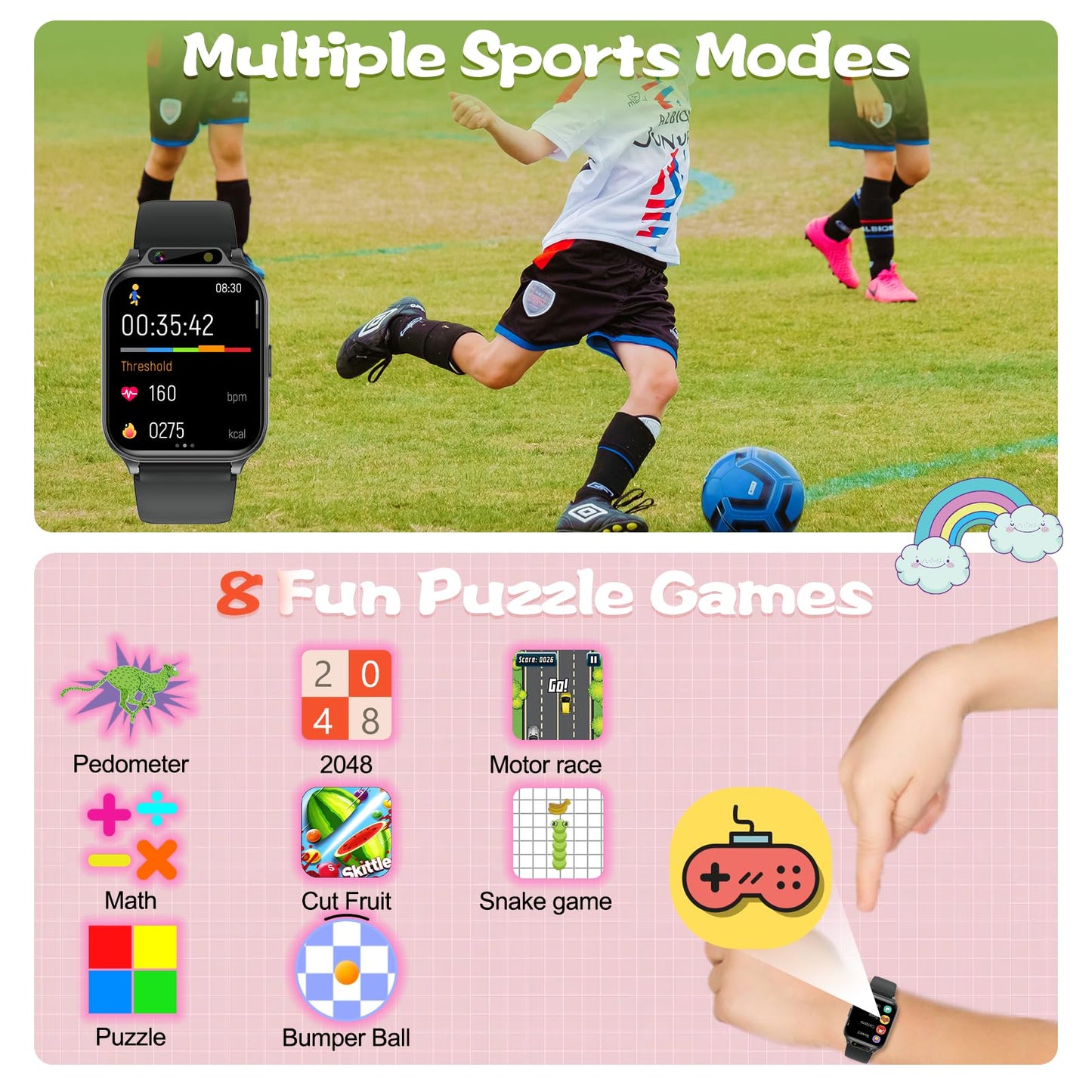 Smart Watch for Kids, 1.85" Fitness Tracker with Heart Rate, Sleep Monitor, IP68 Waterproof Smartwatches with Video Music, Pedometer, Game, NO APP/Phone, Gift for Boys Girls. (Classic, Black)