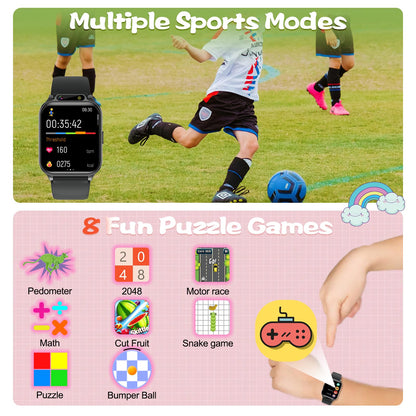 Smart Watch for Kids, 1.85" Fitness Tracker with Heart Rate, Sleep Monitor, IP68 Waterproof Smartwatches with Video Music, Pedometer, Game, NO APP/Phone, Gift for Boys Girls. (Classic, Black)