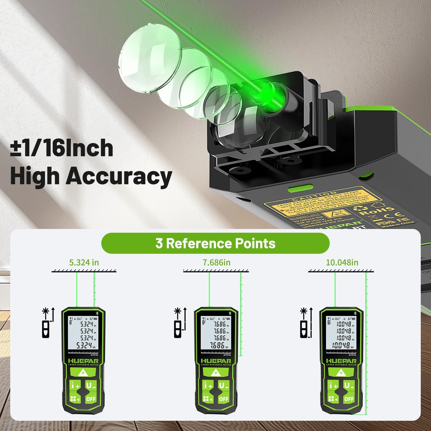 Huepar 395FT Bluetooth Green Laser Measuring Tool S120-G-BT | 1/16in Accuracy, APP Control, Angle Sensor, Carry Bag, Laser Distance Measurement Tool, Digital Laser Room Measuring Device