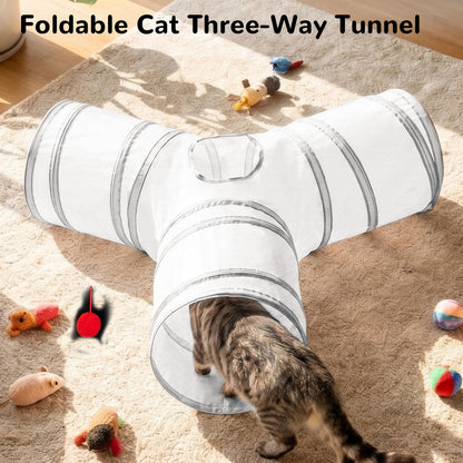 Tempcore Pet Cat Tunnel Tube Toys 3 Way Collapsible, Tunnels for Indoor Cats, Interactive Tube with Teaser Wand, Peek Holes & Hanging Ball, Black & Blue