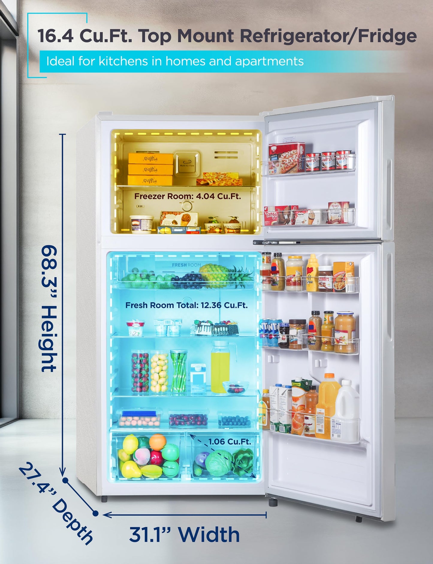 BLACK+DECKER 16.4 Cu. Ft. Top Mount Refrigerator with Freezer, 2 Door Refrigerator with Top Freezer and Separate Temperature Controls, Auto Defrost, BR1640KW, White