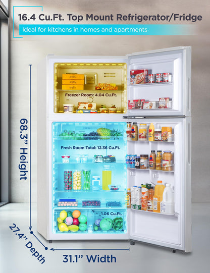 BLACK+DECKER 16.4 Cu. Ft. Top Mount Refrigerator with Freezer, 2 Door Refrigerator with Top Freezer and Separate Temperature Controls, Auto Defrost, BR1640KW, White