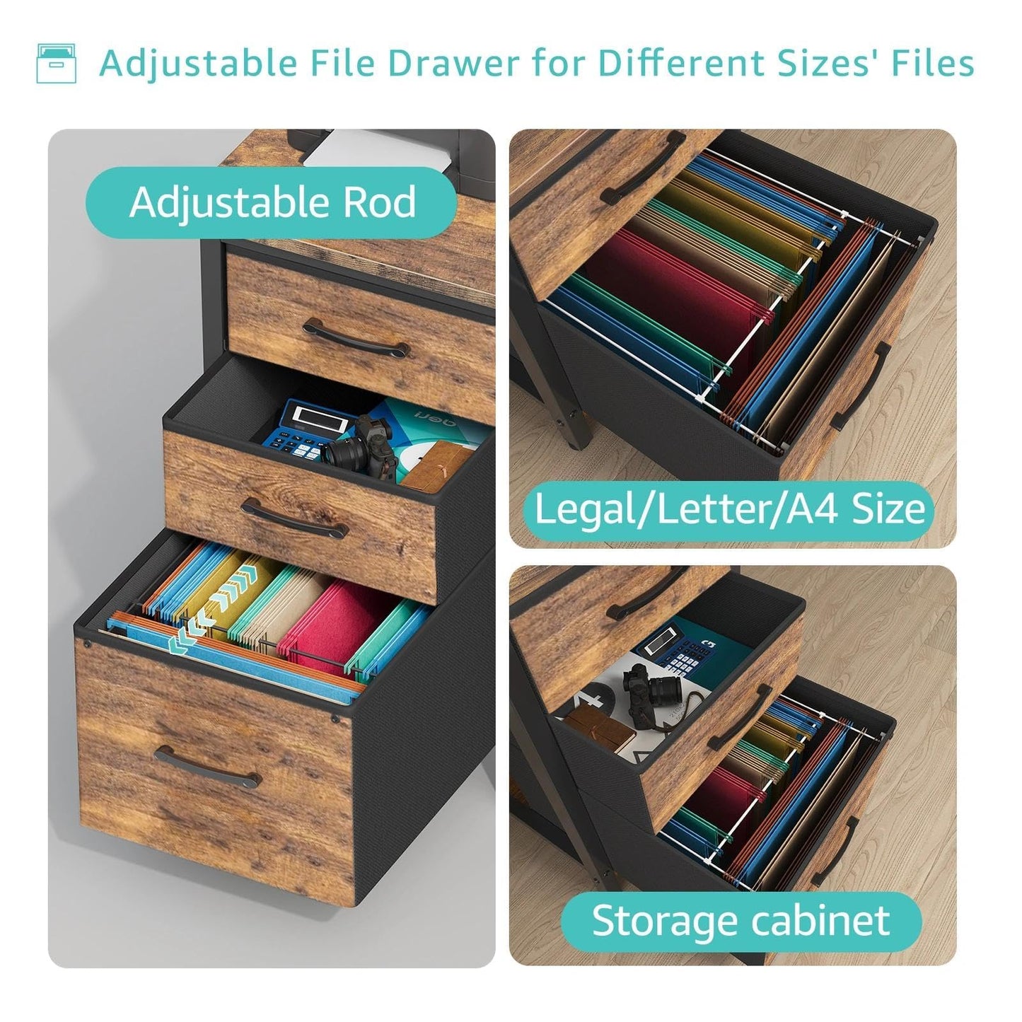 Lufeiya Computer Desk with File Drawers Cabinet, 47 Inch Reversible Home Office Desks with Filing Cabinet for Small Space, Gaming Study Writing Table PC Desks, Black