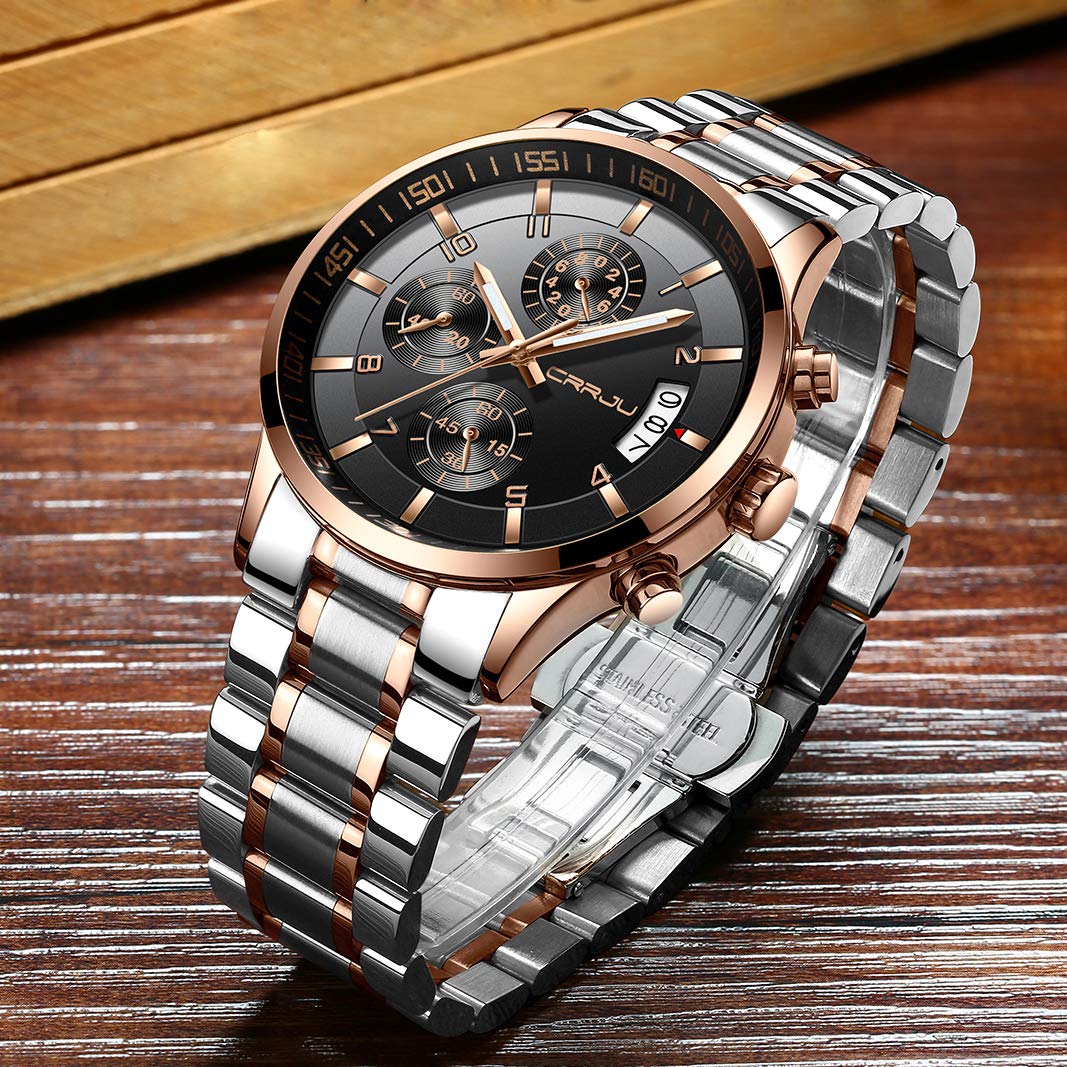 CRRJU Men's Fashion Stainless Steel Watches Date Waterproof Chronograph Wristwatches,Black Steel Band Waterproof Quartz Watch for Men