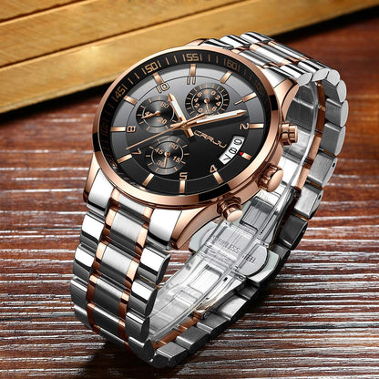 CRRJU Men's Fashion Stainless Steel Watches Date Waterproof Chronograph Wristwatches,Black Steel Band Waterproof Quartz Watch for Men