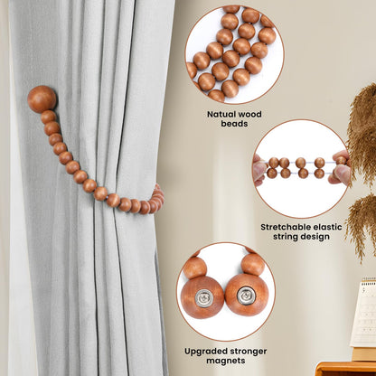 KLOGTSIND Magnetic Curtain Tiebacks, Curtain Holdbacks for Curtains 2 Pack, Wood Bead Curtain Holders for Boho Bedroom Decor, Baby Nursery Decor, Farmhouse Decor