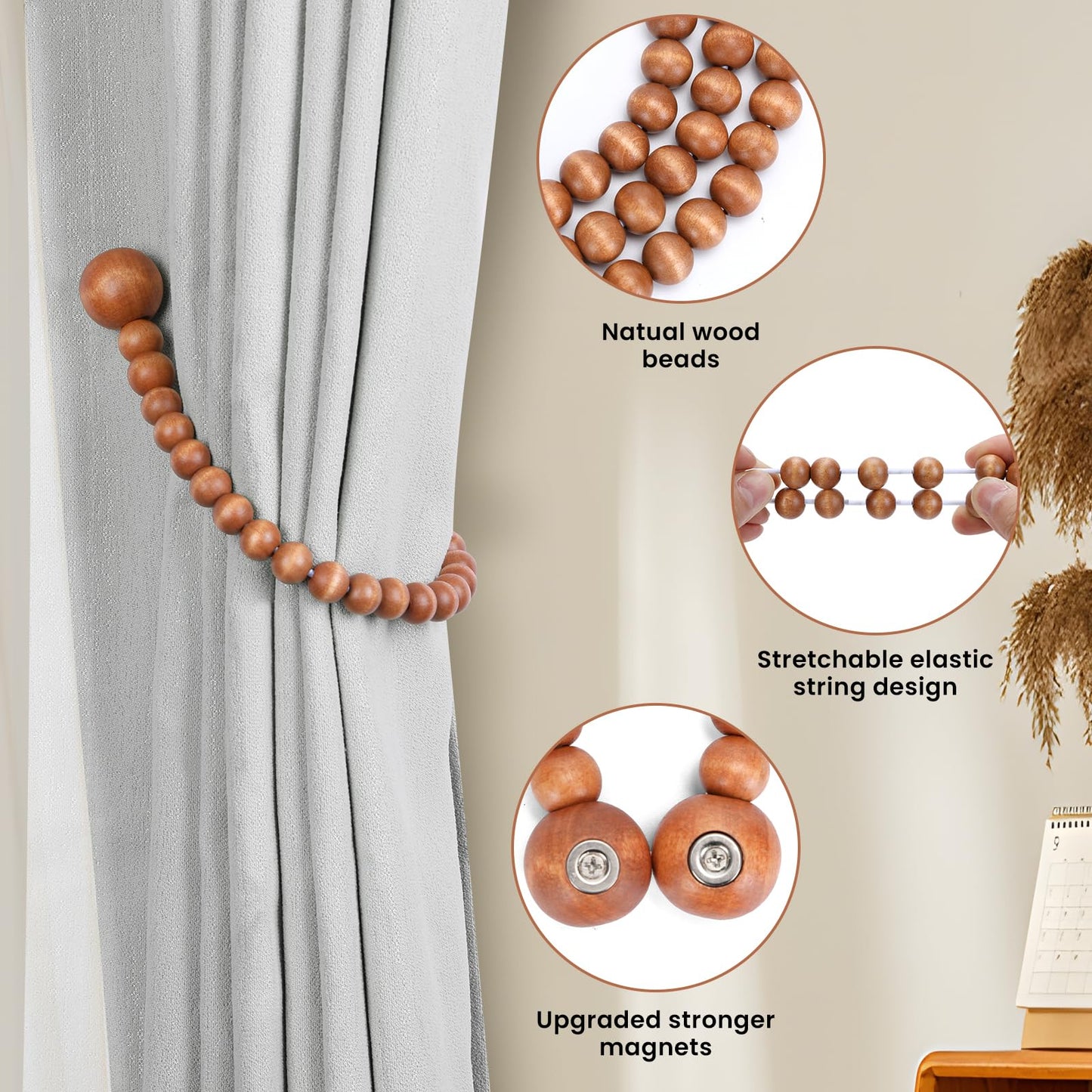 KLOGTSIND Magnetic Curtain Tiebacks, Curtain Holdbacks for Curtains 2 Pack, Wood Bead Curtain Holders for Boho Bedroom Decor, Baby Nursery Decor, Farmhouse Decor