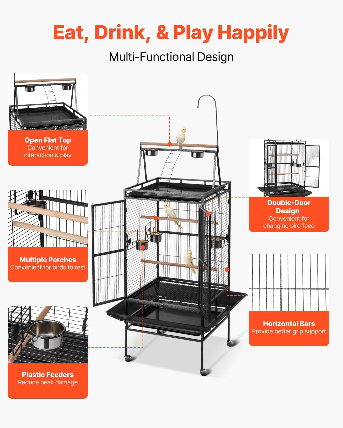 VEVOR Bird Cage, 24.6 x 16.7 x 53.9 inch, Flat Top, Wrought Iron Bird Flight Cage with Perches, Slide-Out Tray and Plastic Feeders, Casters, for Parrot, Blue Tit, Cockatiel, Canary, Budgerigar, Conure