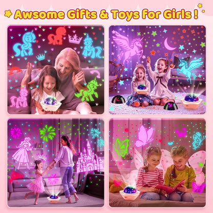 One Fire Girls Toys for Girl Gifts, 6 Films Light Projector Unicorn Toys for Girls Age 4-6, Rechargeable Night Lights for Bedroom, 360° Rotating Decor Mermaid Gifts Princess Baby Toddler Toys