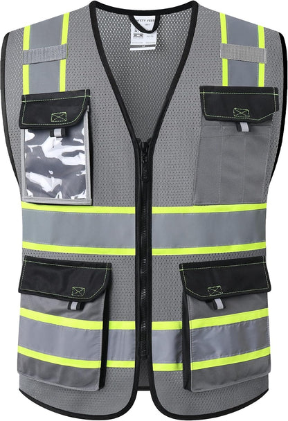 JKSafety Hi Vis Reflective Safety Vests for Men Women High Visibility Vest with Pockets Mesh Fabric Construction Safety Apparel Neon Vest for Work (220-Yellow L)