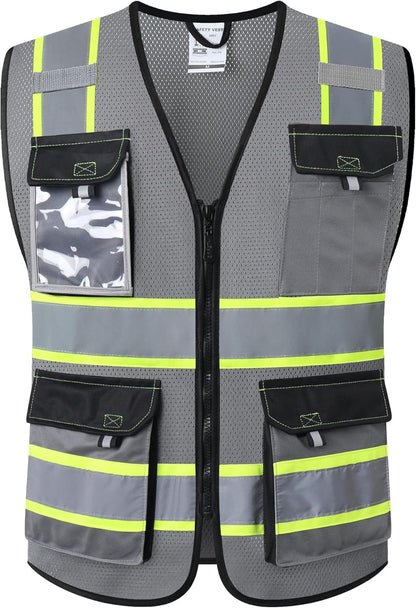 JKSafety Hi Vis Reflective Safety Vests for Men Women High Visibility Vest with Pockets Mesh Fabric Construction Safety Apparel Neon Vest for Work (220-Yellow L)