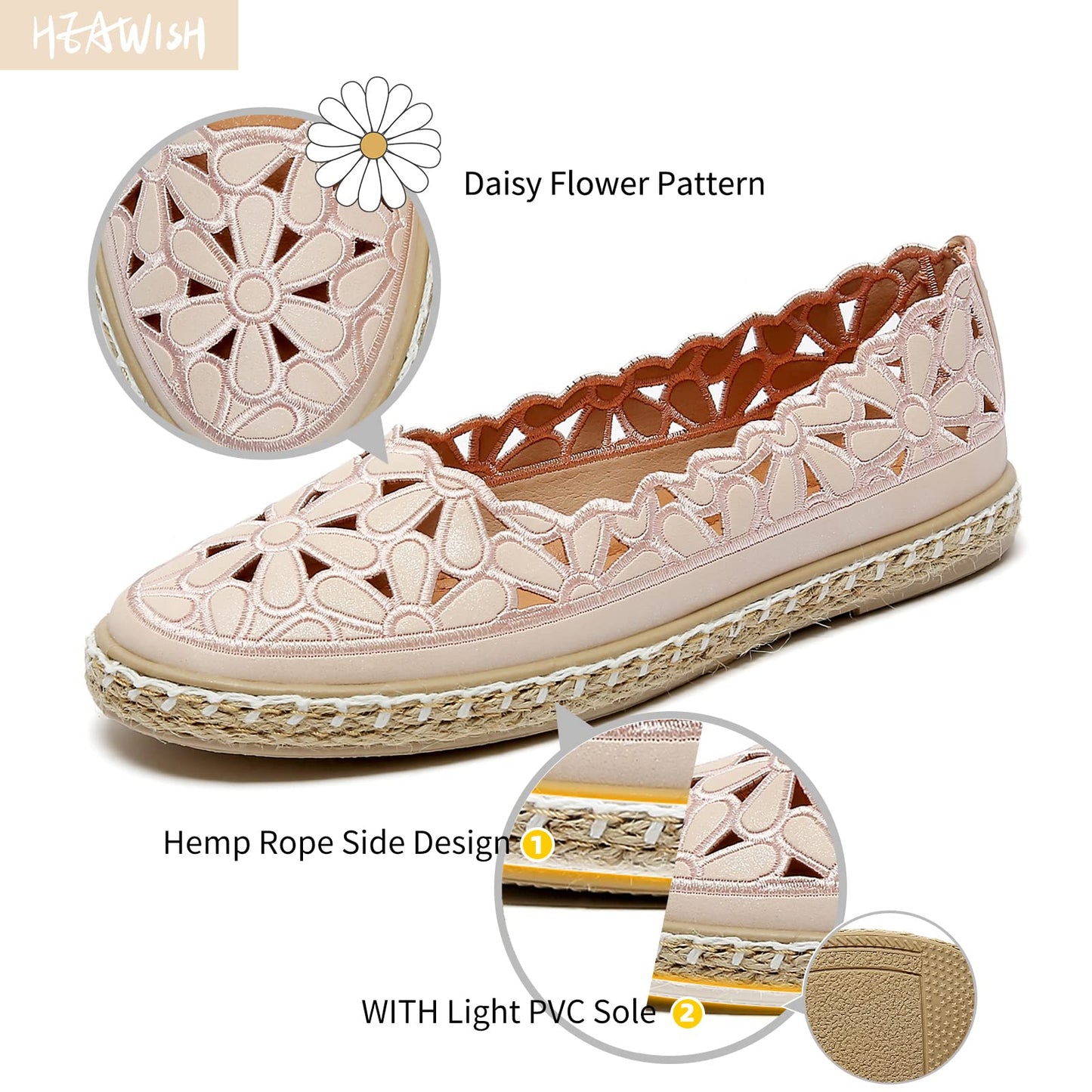 HEAWISH Women’s Ballet Flat Daisy Round Toe Dress Shoes Casual Slip On Rope Loafer
